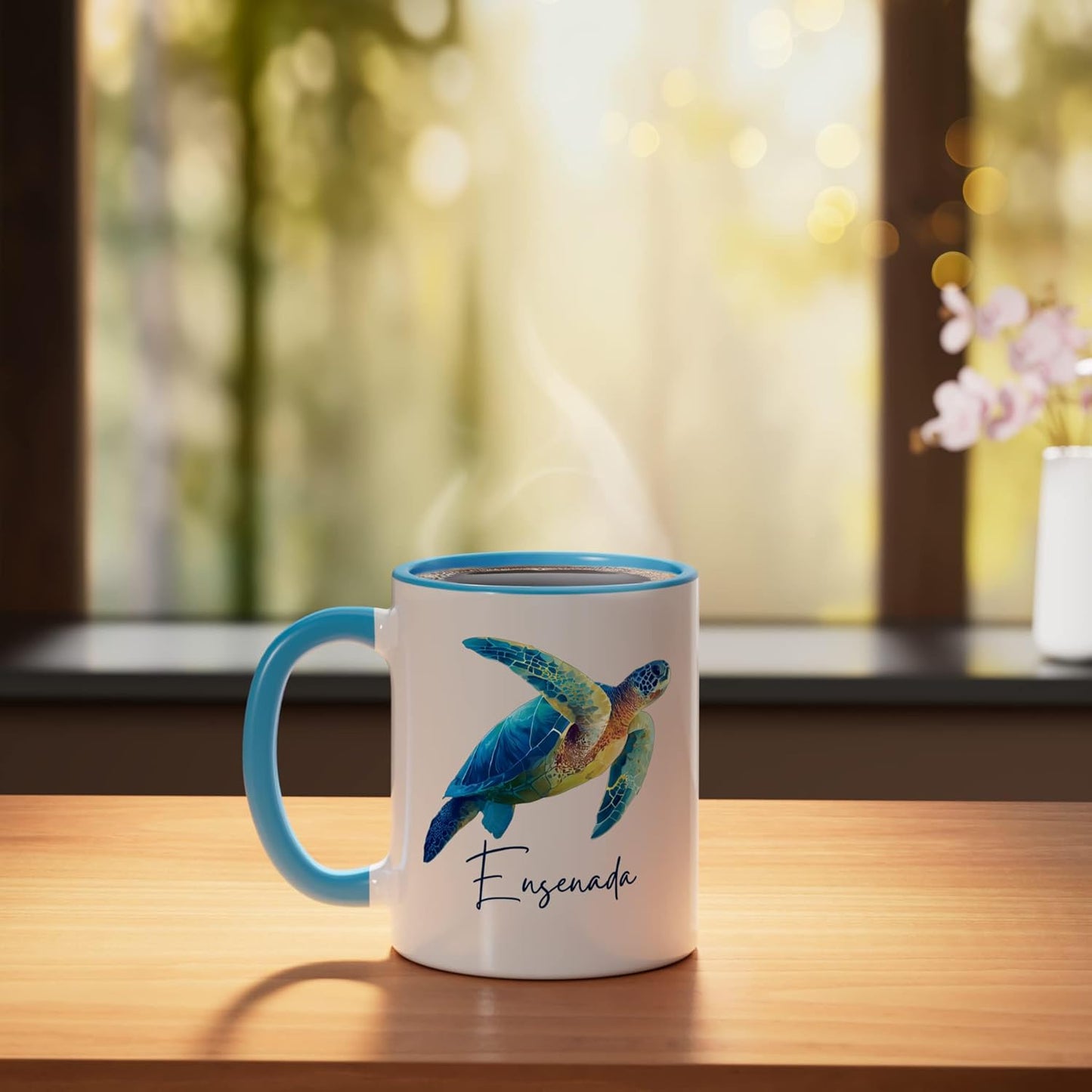 Taza cerámica Ensenada México souvenir azul/blanco