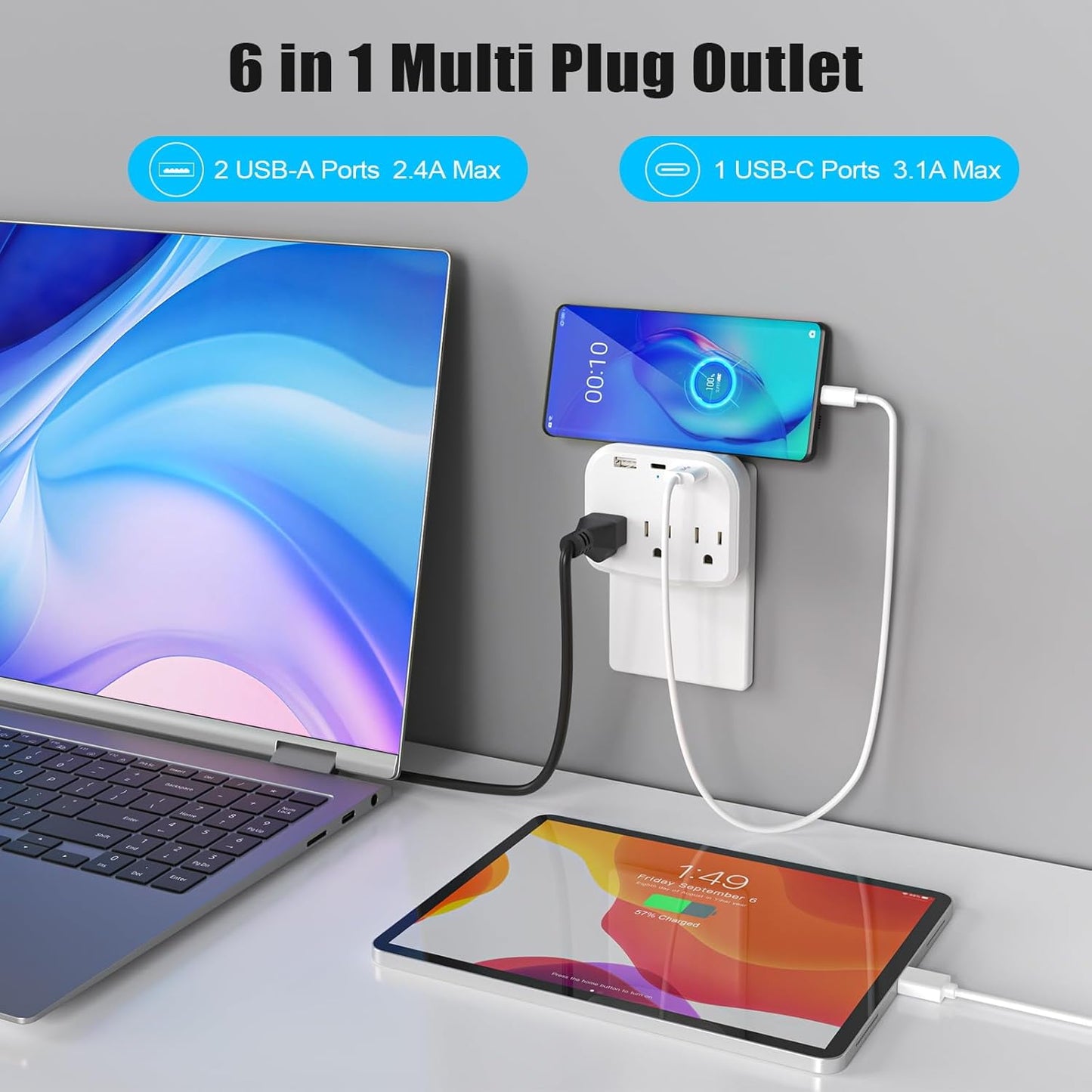 Extensor tomacorriente con soporte telefono 2USB-A 1USB-C