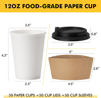 Paquete de 100 tazas de café 12 oz con tapas y mangas blancas y negras