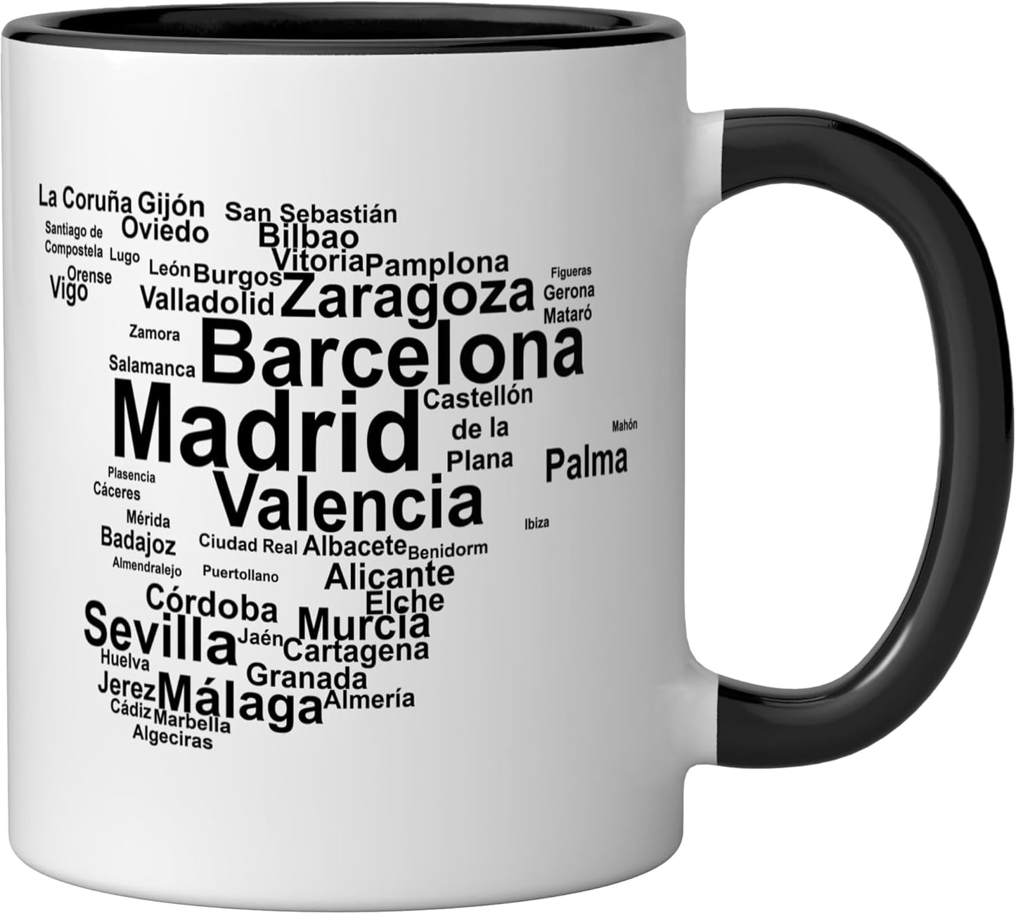 Taza cerámica mapa de España con ciudades en negro y blanco
