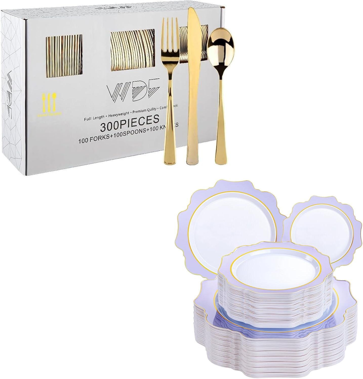 Set 300 Pzas Utensilios Plástico Oro y 100 Platillos Plástico Morado