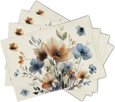 Juego de 4 manteles individuales florales 18 x 12 pulgadas con flores marrones y azules
