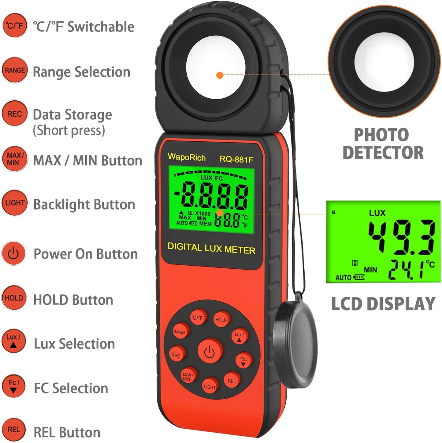 Medidor luz RQ-881F pantalla 3999Lux sensor 270º naranja