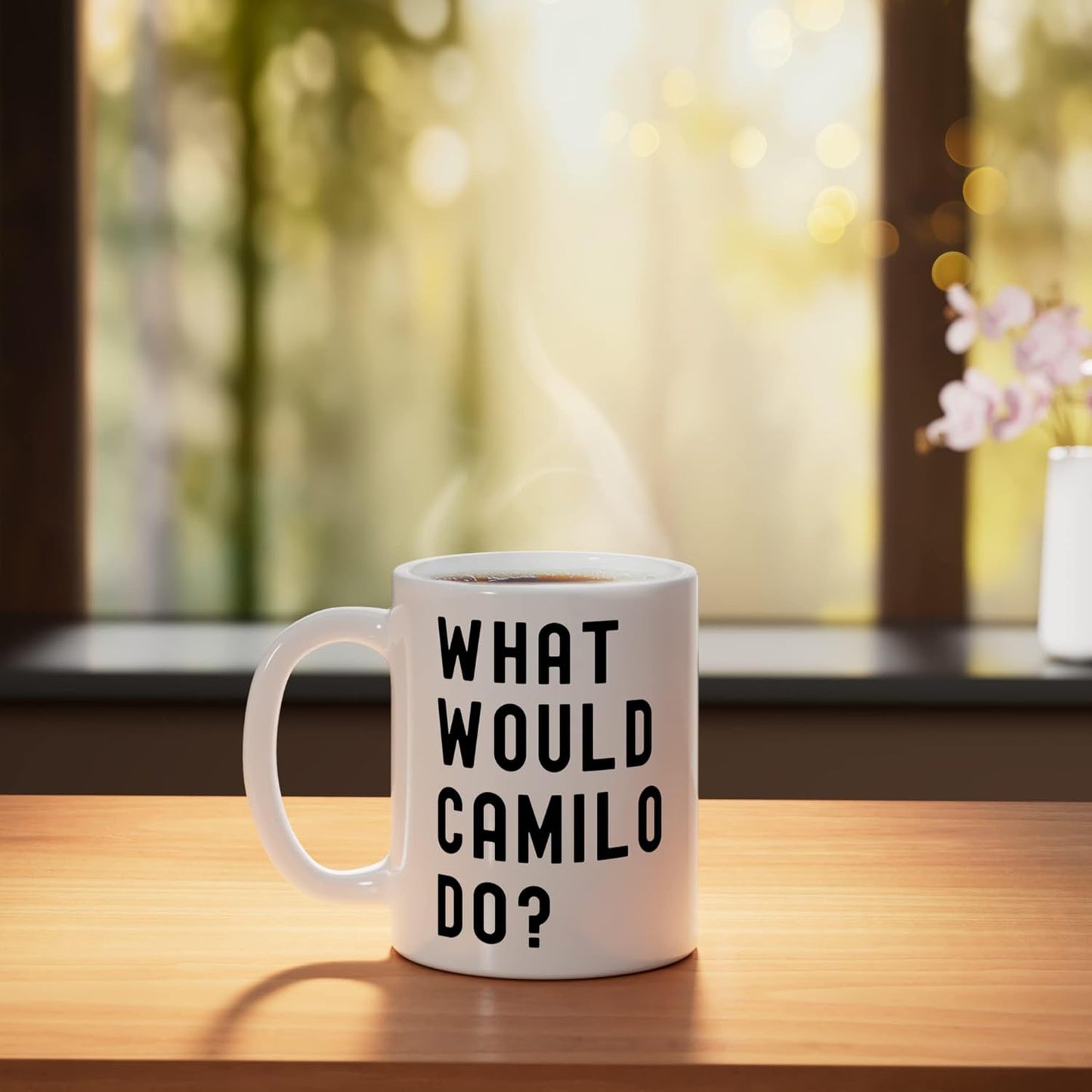 Taza de cerámica blanca What Would Camilo Do