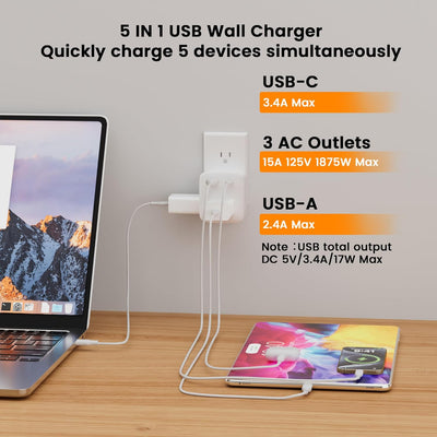 Extensor toma corriente múltiple 3 salidas CA 2 puertos USB
