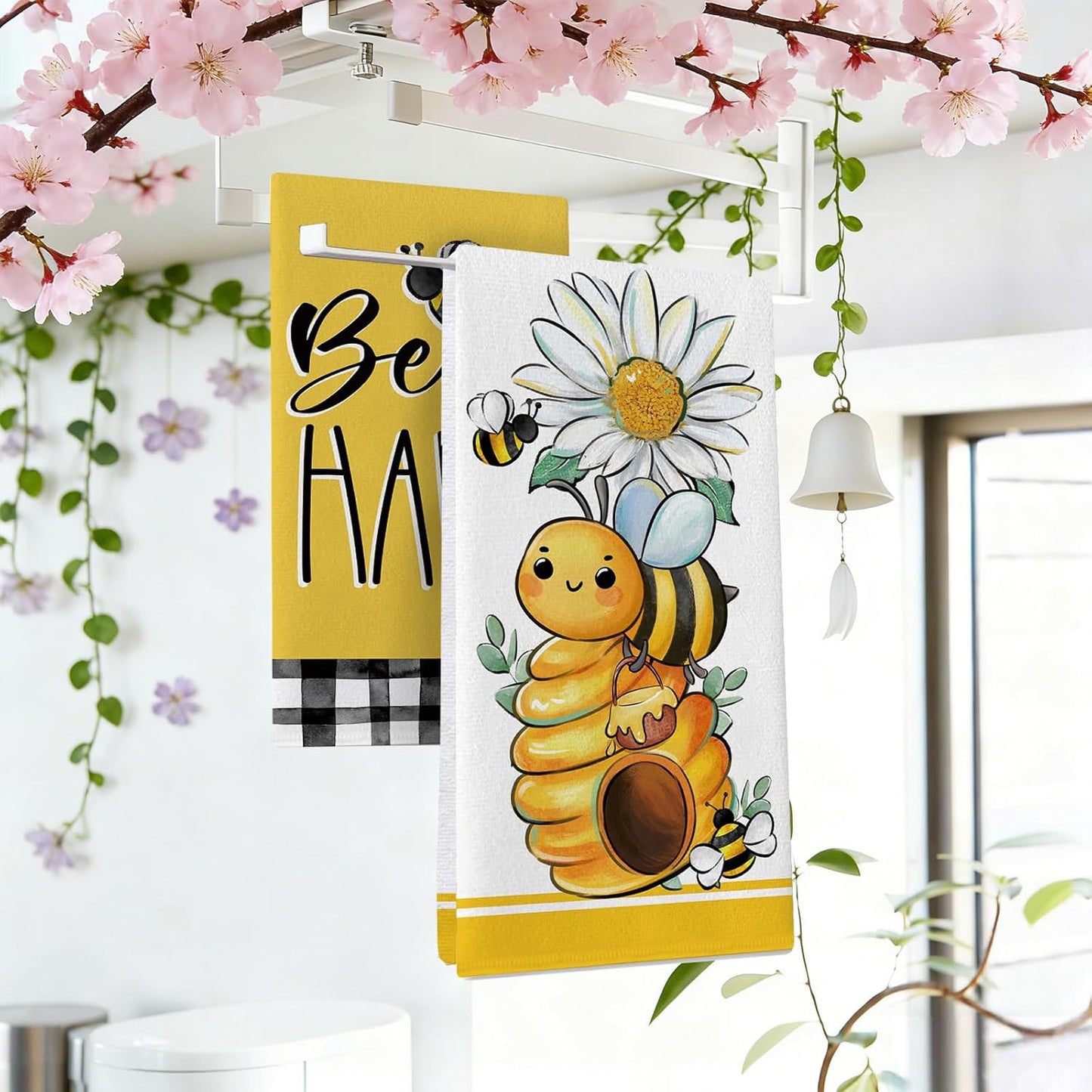 Juego de 2 paños de cocina con diseños de abejorros, abeja feliz, margarita y colmena
