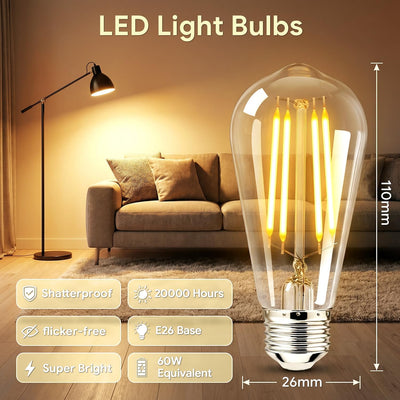 Pack 6 Bombillas LED Edison E26 2700K Blanca Cálida Vintage