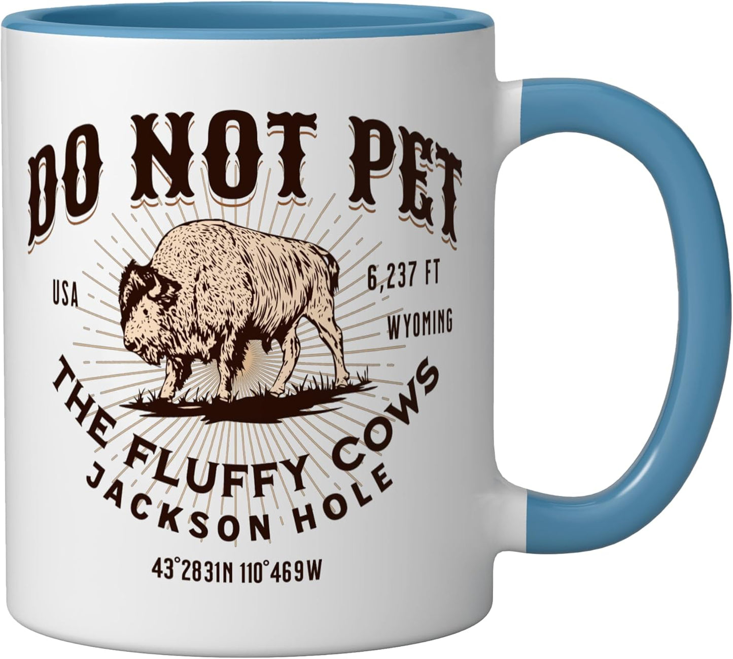 Taza cerámica Jackson Hole Wyoming con bison y vacas peludas azul/blanco