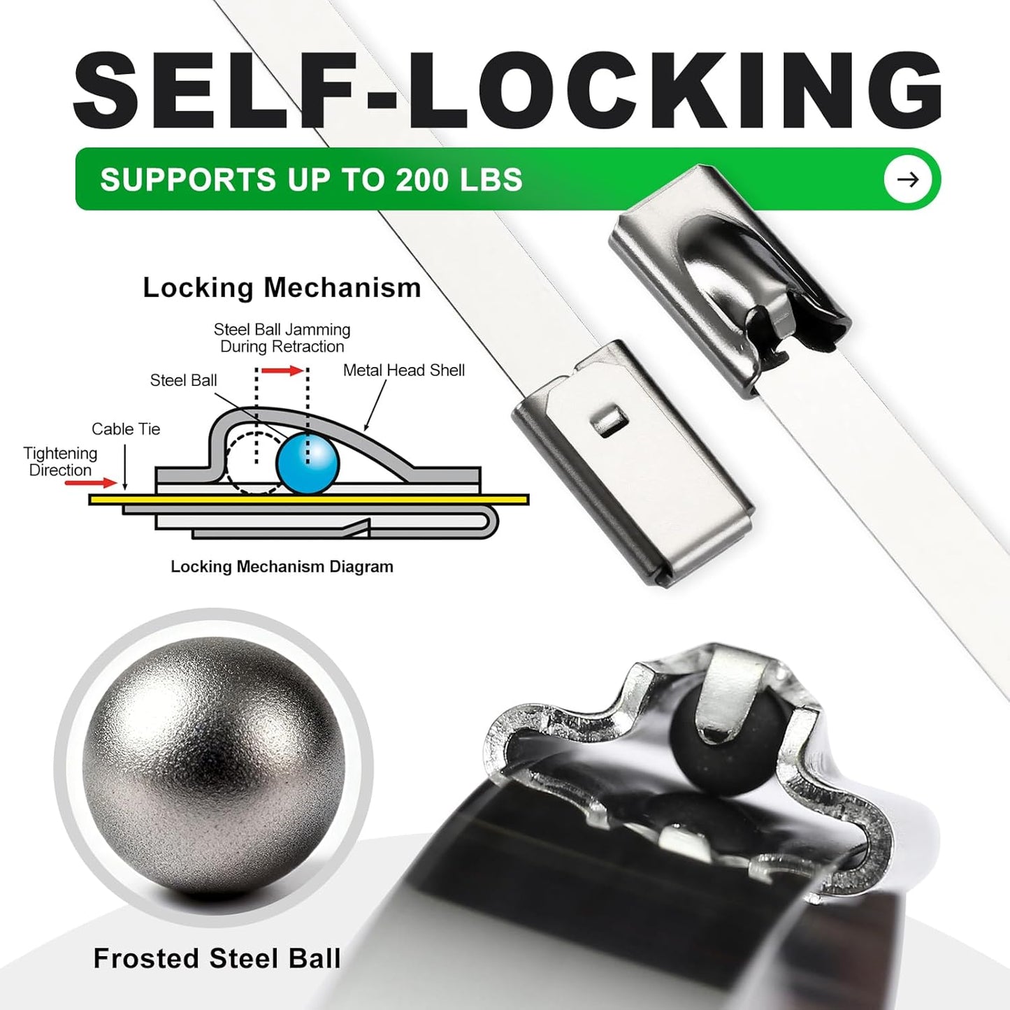 Bridas metal 15.8pulg acero inox 304 autobloqueo resistente