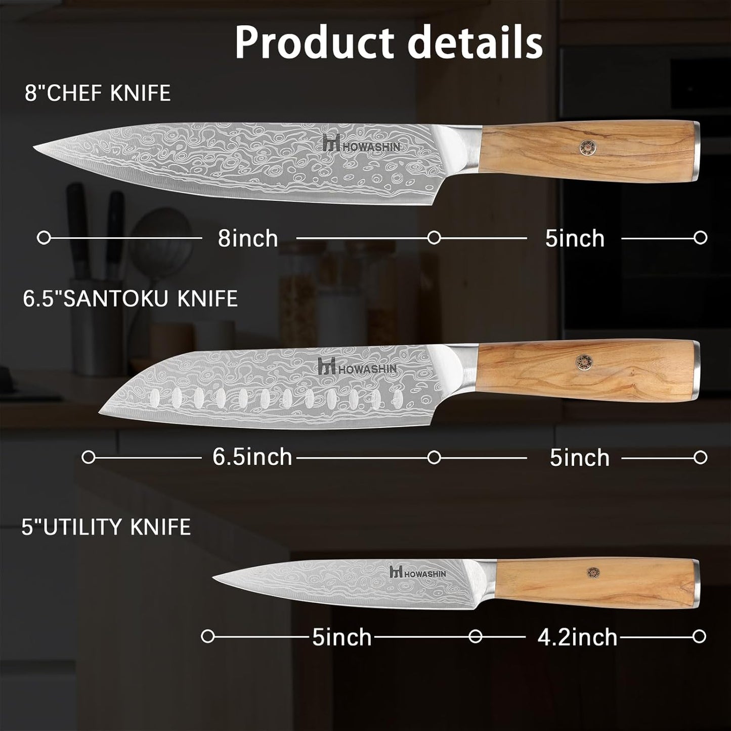 Set 3 Cuchillos Chef Acero Inox Alto Carbono Mango Olivo