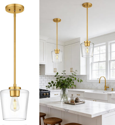 Luces colgantes isla cocina 8pulg oro cepillado vidrio transparente