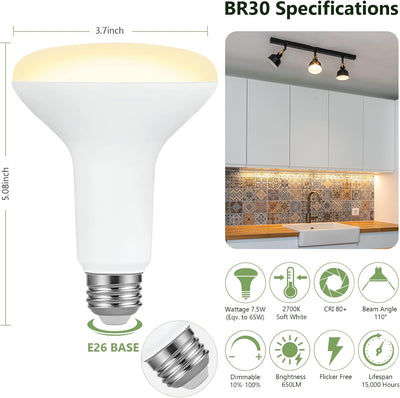 Pack 6 Bombillas LED BR30 7.5W 2700K Blanco Suave Regulable CRI80