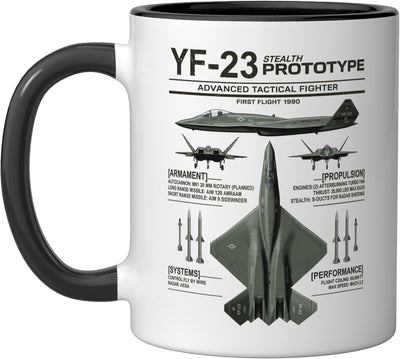 Taza cerámica infografía avión militar YF-23 stealth fighter color oliva oscuro negro blanco