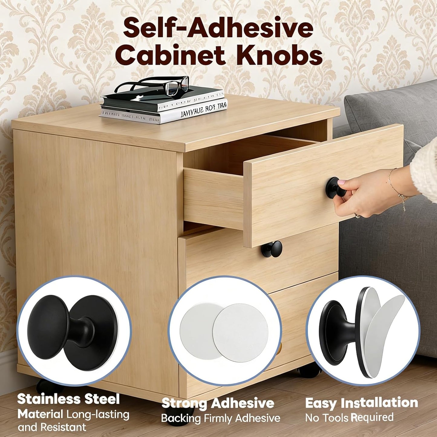Manillas para muebles adhesivas sin taladrar 5 Pzas Negro
