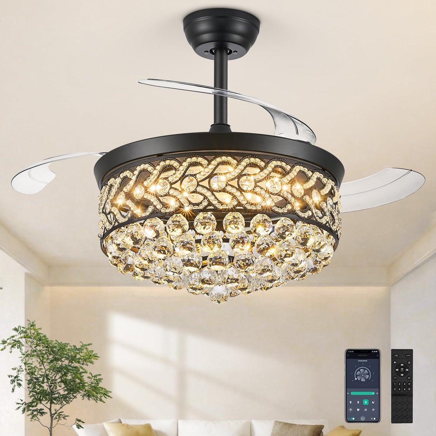 Ventilador techo cristal luz aspas retráctiles 52pulg