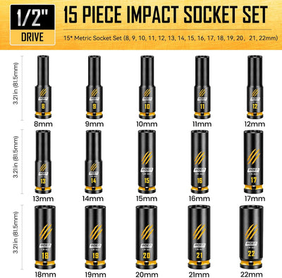 Juego llaves vaso impacto 1/2 pulg acero CR-MO 6 puntos