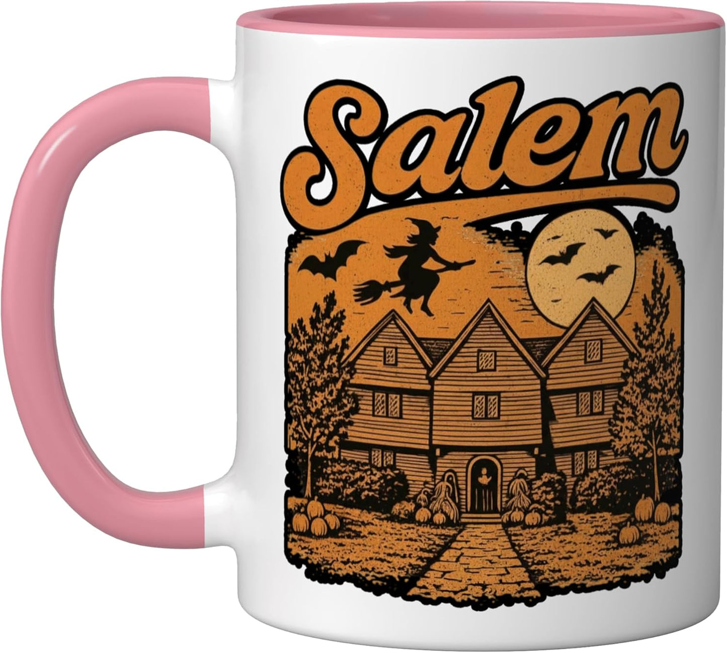 Taza de cerámica Salem Witch House luna llena rosa y blanco
