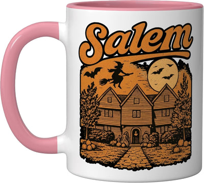 Taza de cerámica Salem Witch House luna llena rosa y blanco