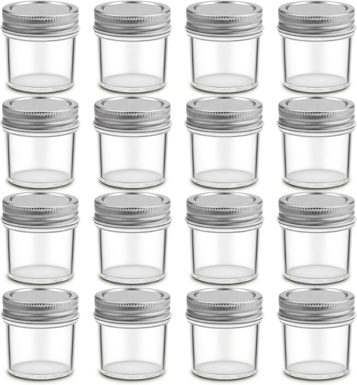 Tarro Vidrio 2oz Juego 16 Tapas Plateadas A prueba de Fugas