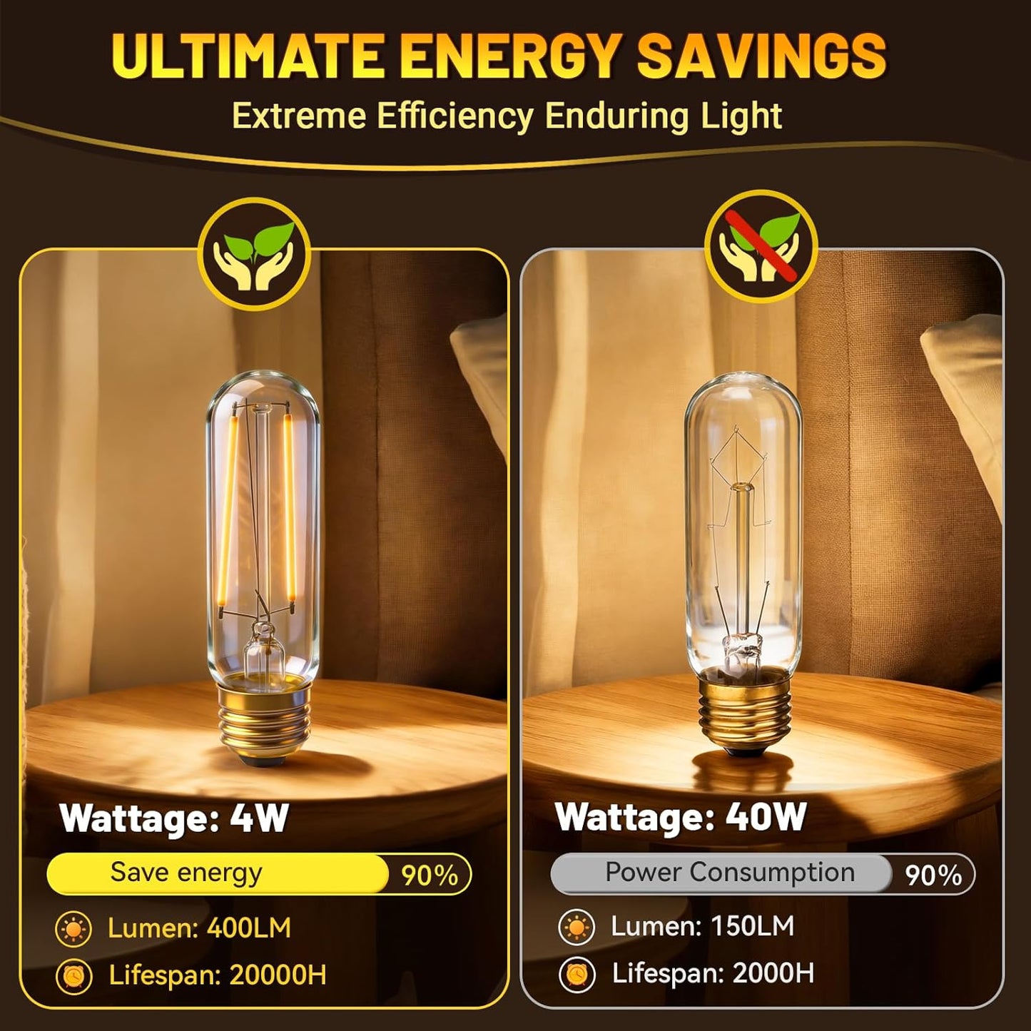 Bombilla LED T10 regulable 4W base E26 blanco cálido para gabinete