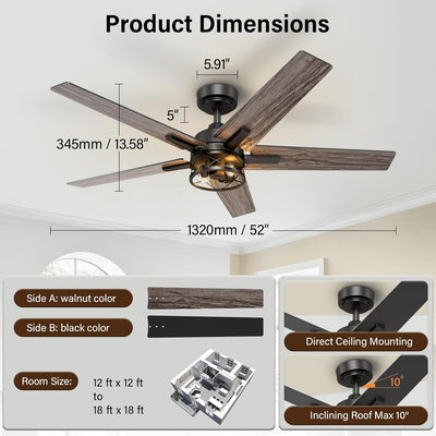 Ventilador techo enjaulado 52pulg negra luces control remoto