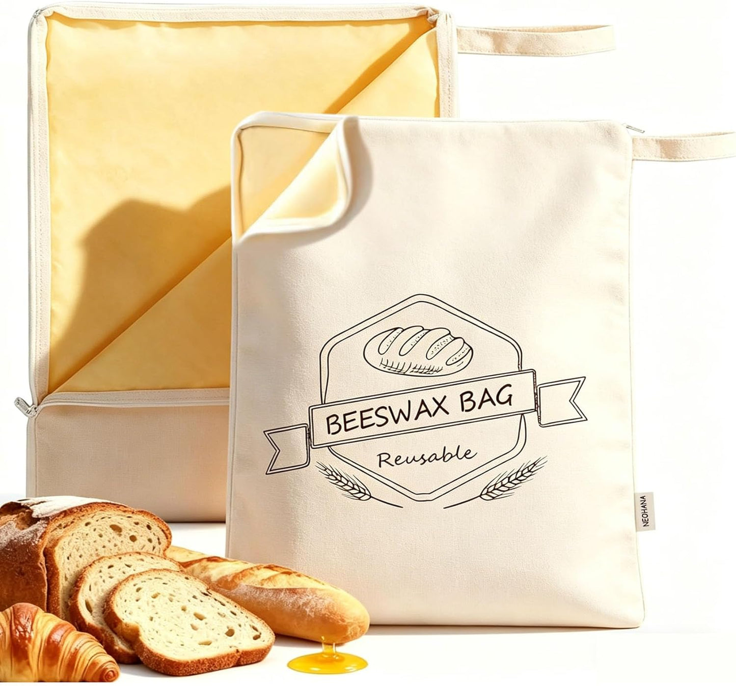 2 Pzas Bolsa Pan Cera Abeja Con Cremallera Lino