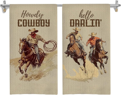 Toallas de cocina vintage vaquero occidental Howdy Rodeo Cowboy 16 x 24 juego de 2