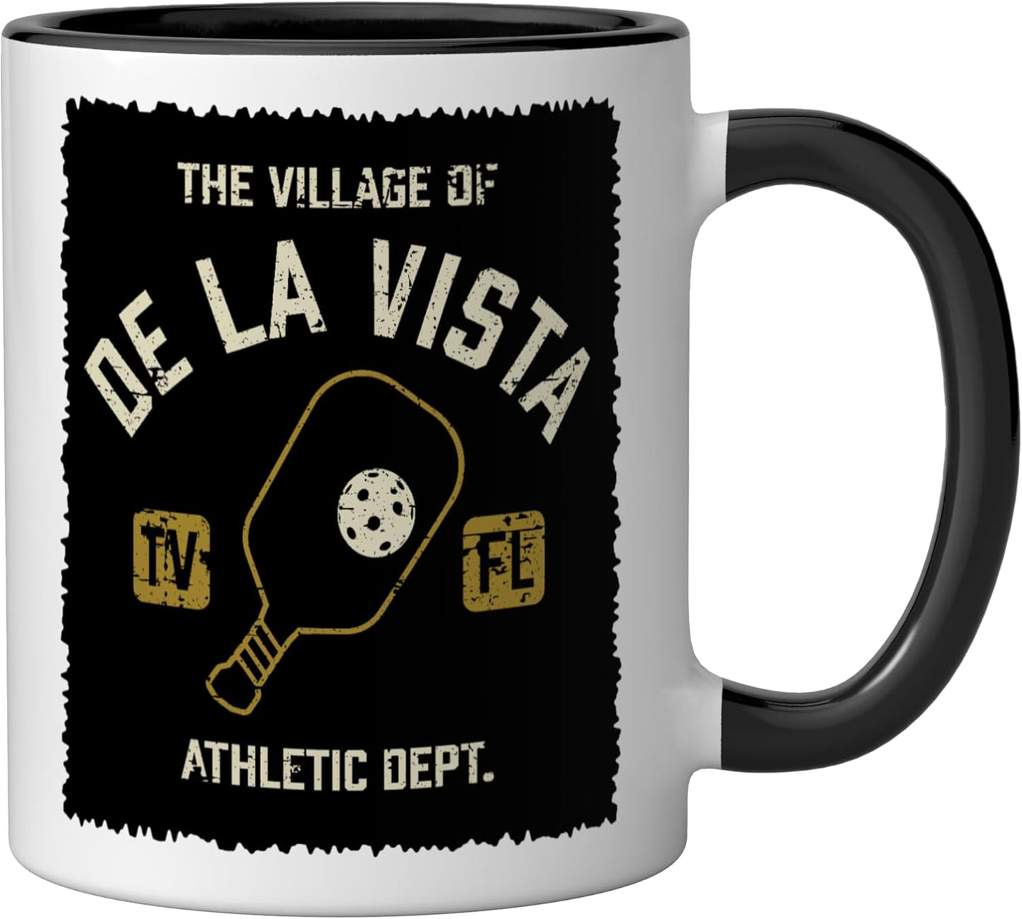 Taza cerámica The Village of De La Vista Pickleball diseño desgastado negro/blanco