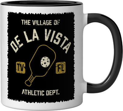 Taza cerámica The Village of De La Vista Pickleball diseño desgastado negro/blanco