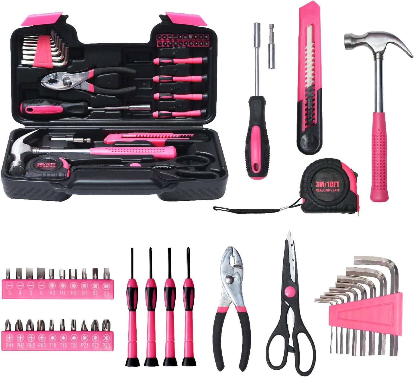 Kit 39 Pzas herramientas rosadas multiusos para el hogar
