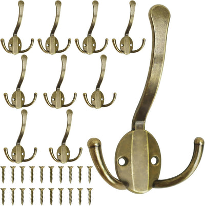 Pack 10 Ganchos Metal Pared Tres Puntas Latón Antiguo