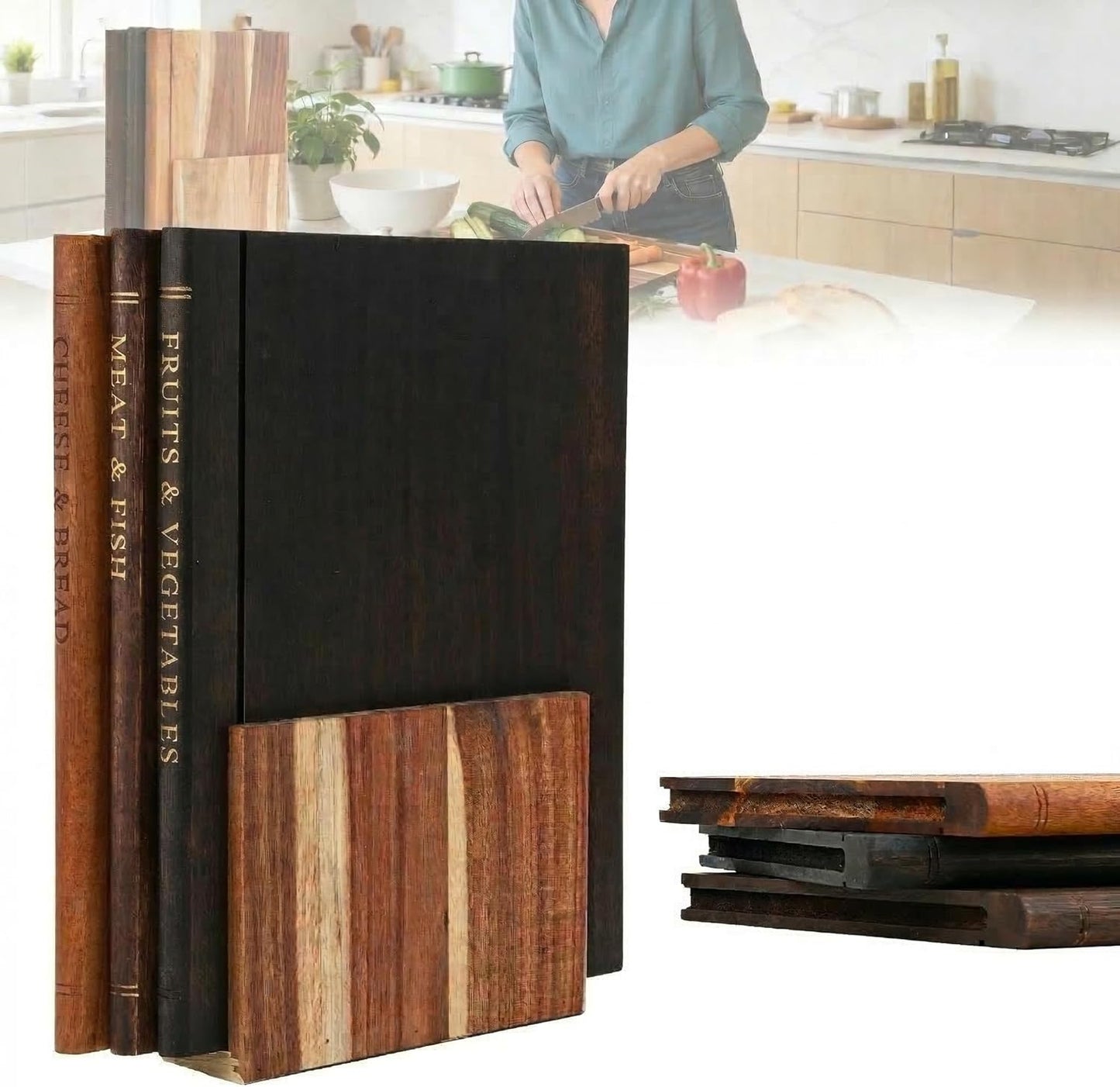 Tabla cortar madera nogal y acacia 3 pzas con soporte