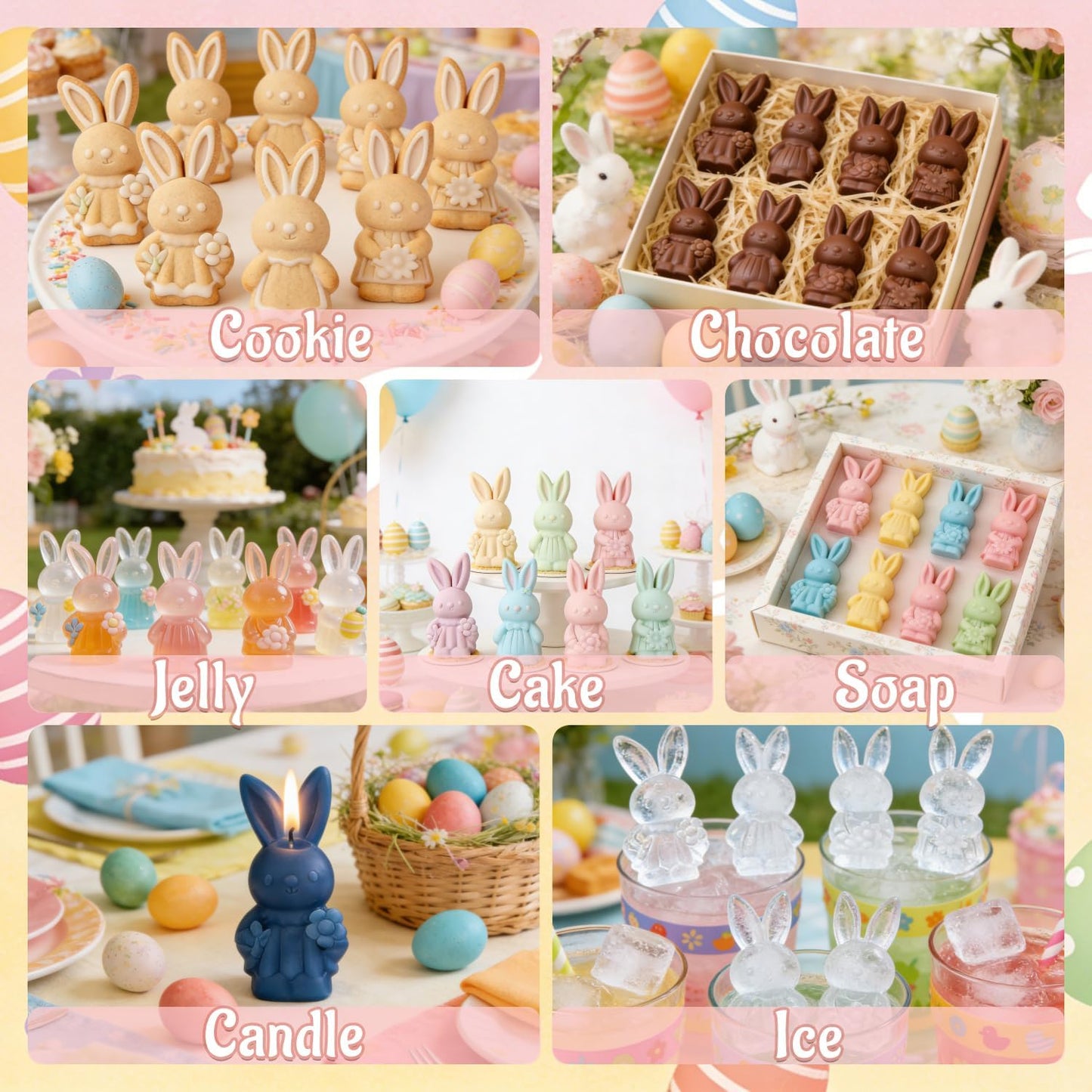 Molde de silicona de Pascua 2 piezas para conejos, caramelo, pastel, gelatina, pudín, fondant, muffins, jabón, velas y cubos de hielo