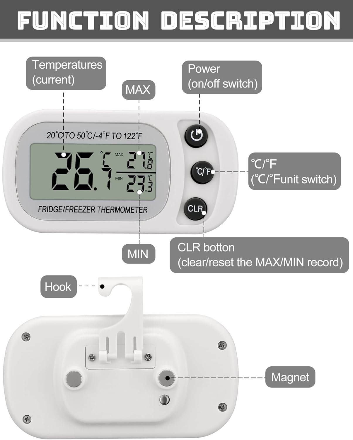 Termómetro digital para nevera blanco impermeable 4 unidades con pantalla LCD
