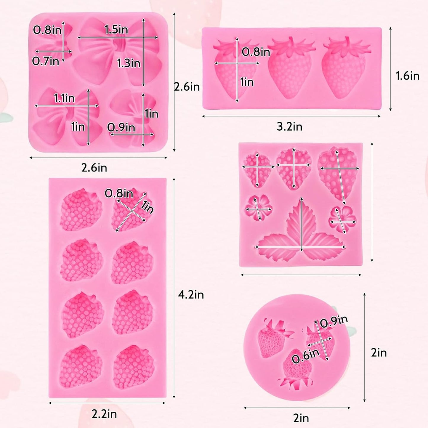 5 Moldes Silicona 3D Fondant Fresa para Chocolate Dulces Cupcakes