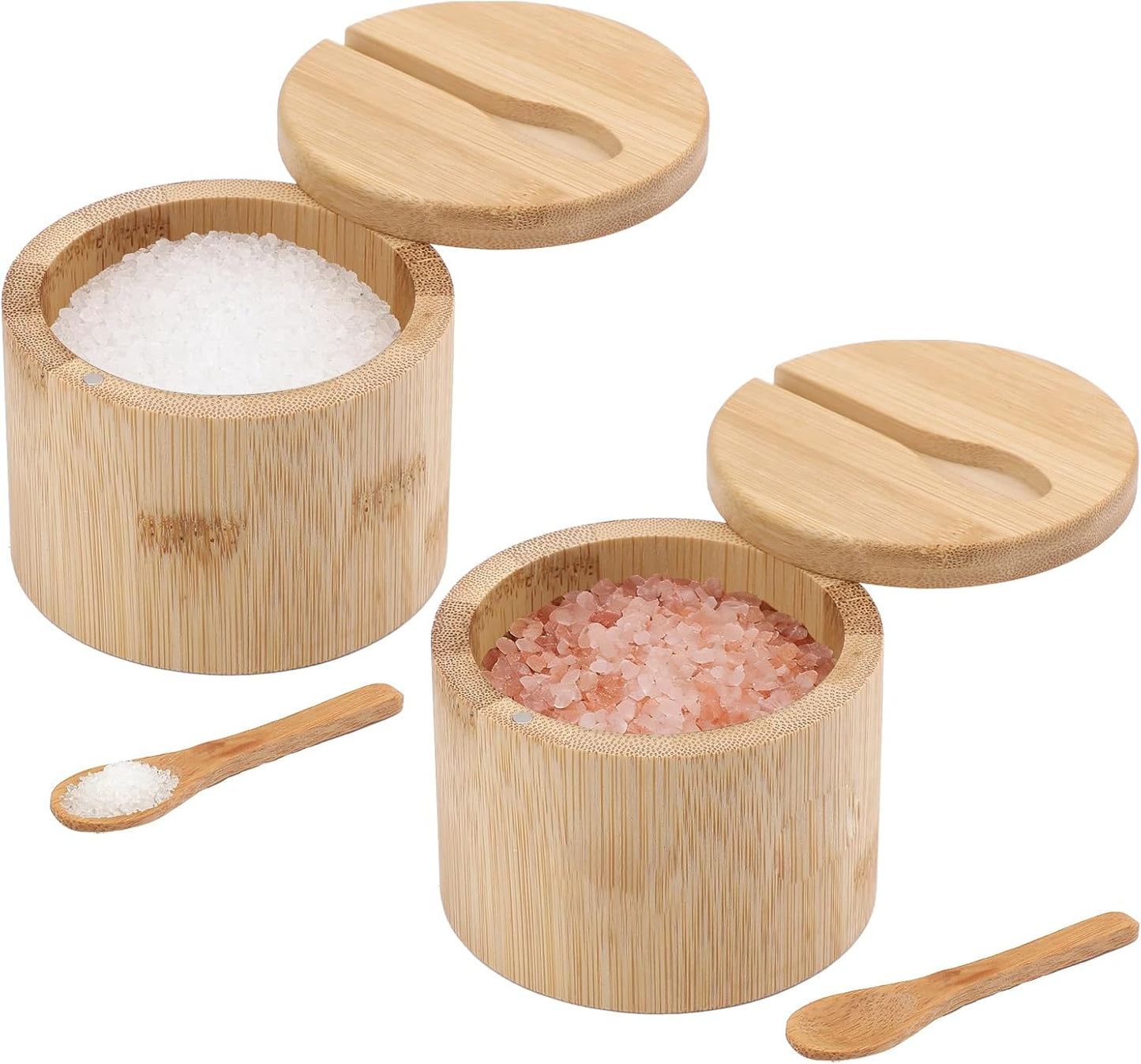 Bodega de sal de bambú con tapa giratoria y cuchara, recipiente para sal y pimienta