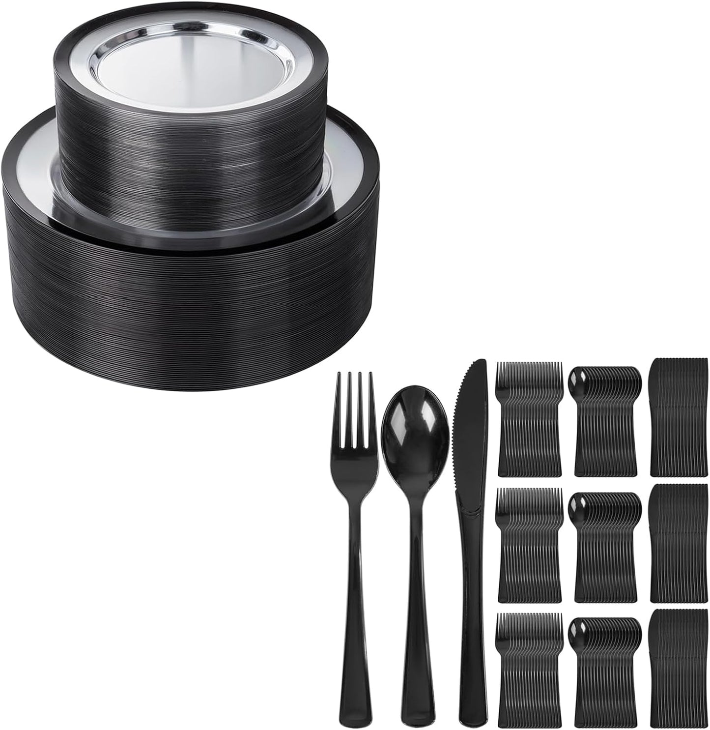 Set 120 platos plástico negro transparente resistente bodas catering
