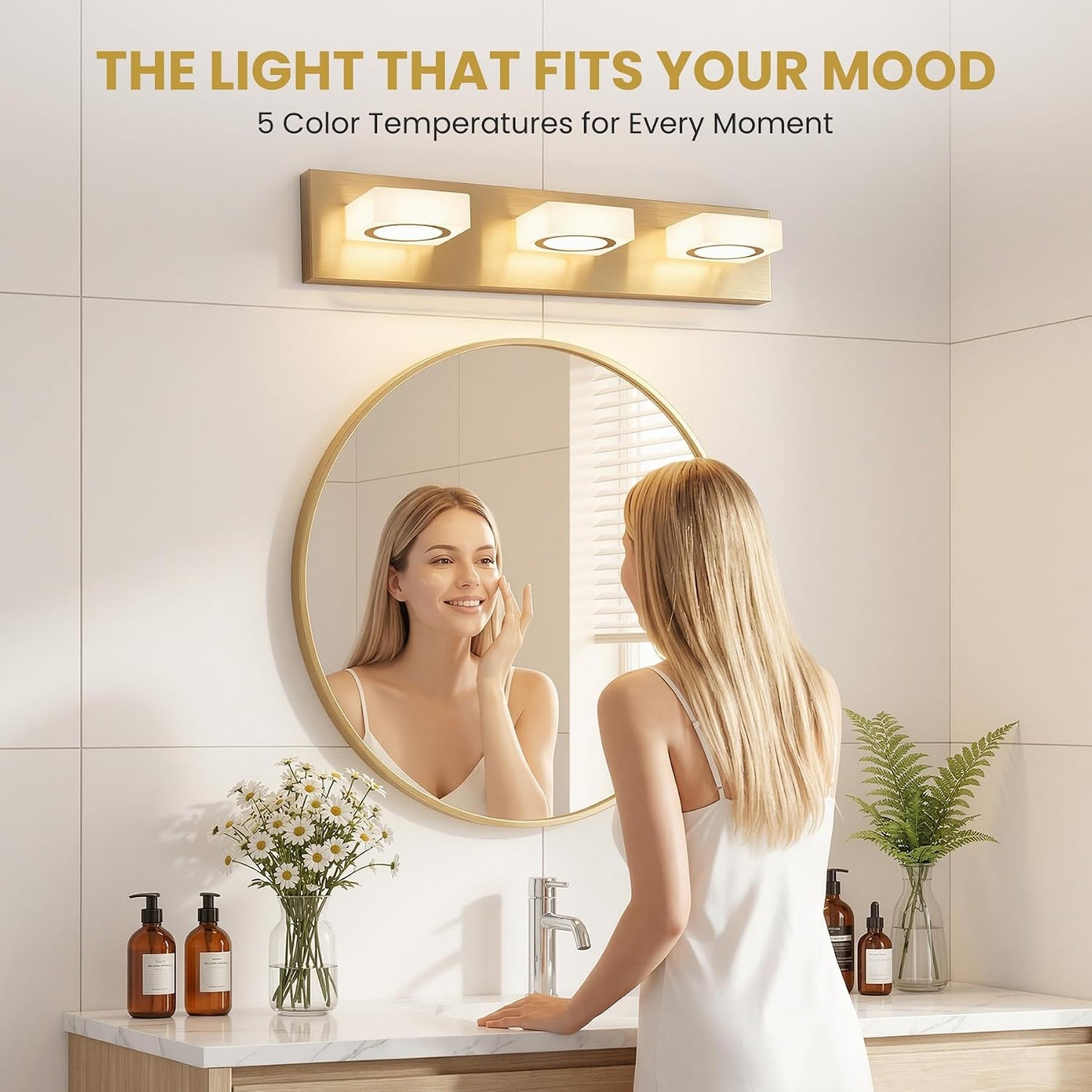 Lámpara tocador baño 3 luces 24pulg oro cepillado LED 5CCT