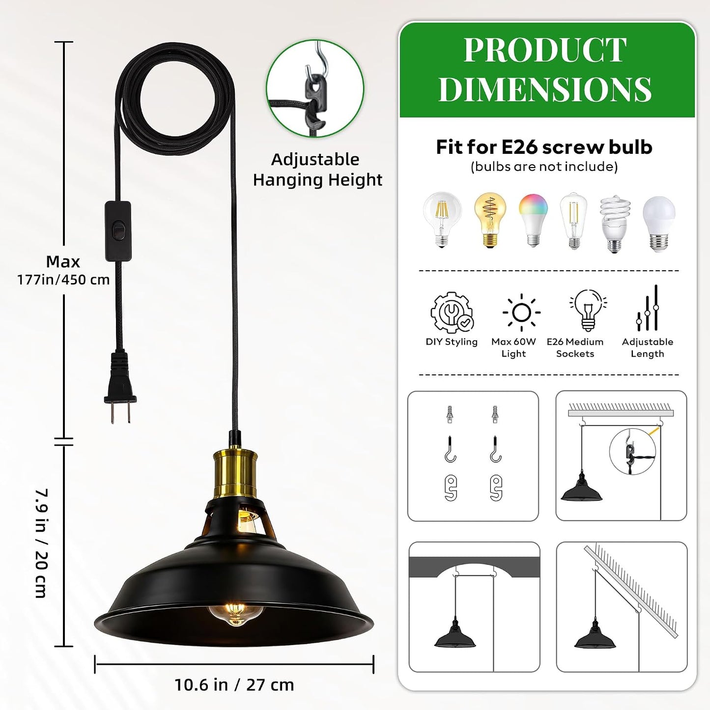Lámpara colgante metal industrial 15ft cocina