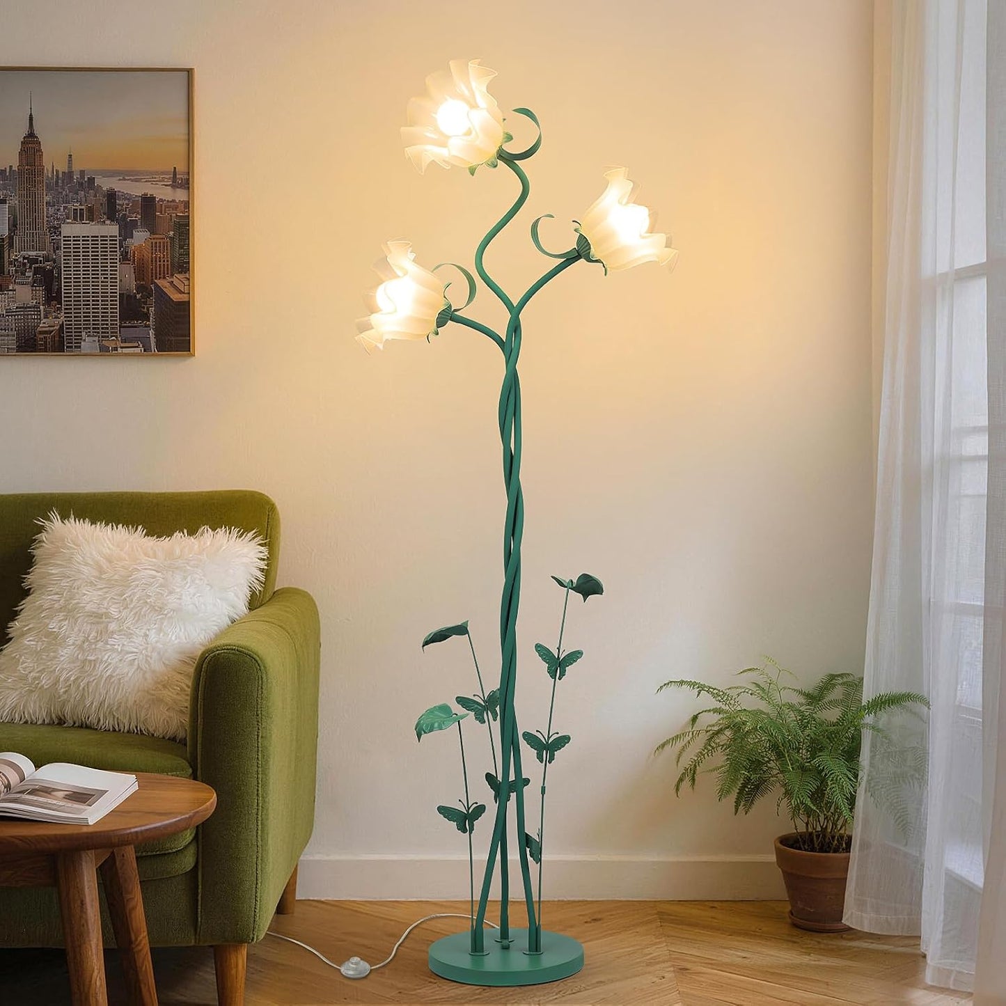 Lámpara pie flores 3 luces cuello cisne flexible 67pulg