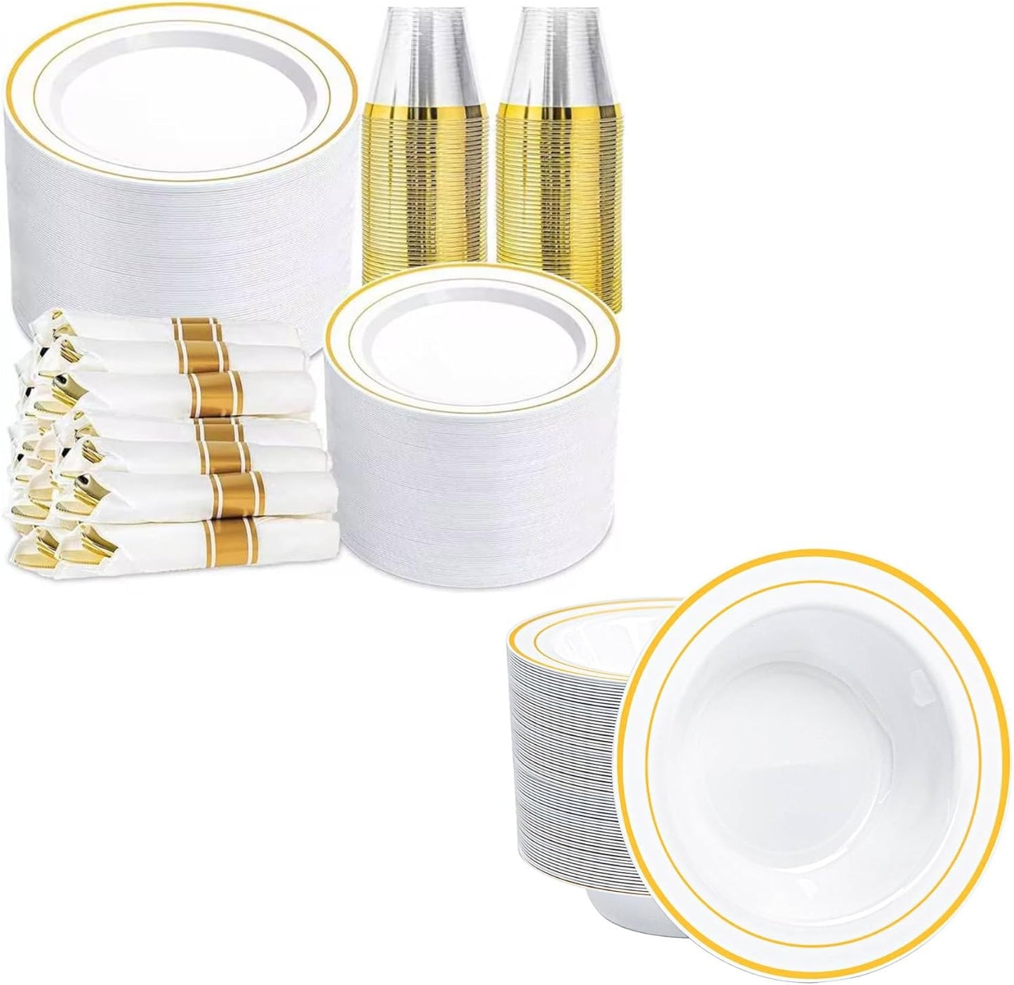 Set Platos Plástico con Borde Dorado y Tazones