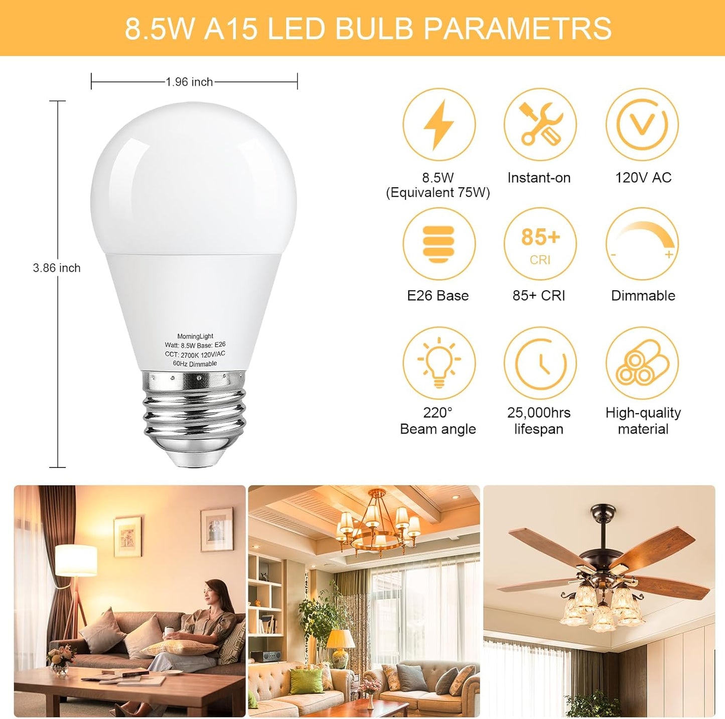 Bombilla LED A15 regulable 75W equivalente 2700K base E26
