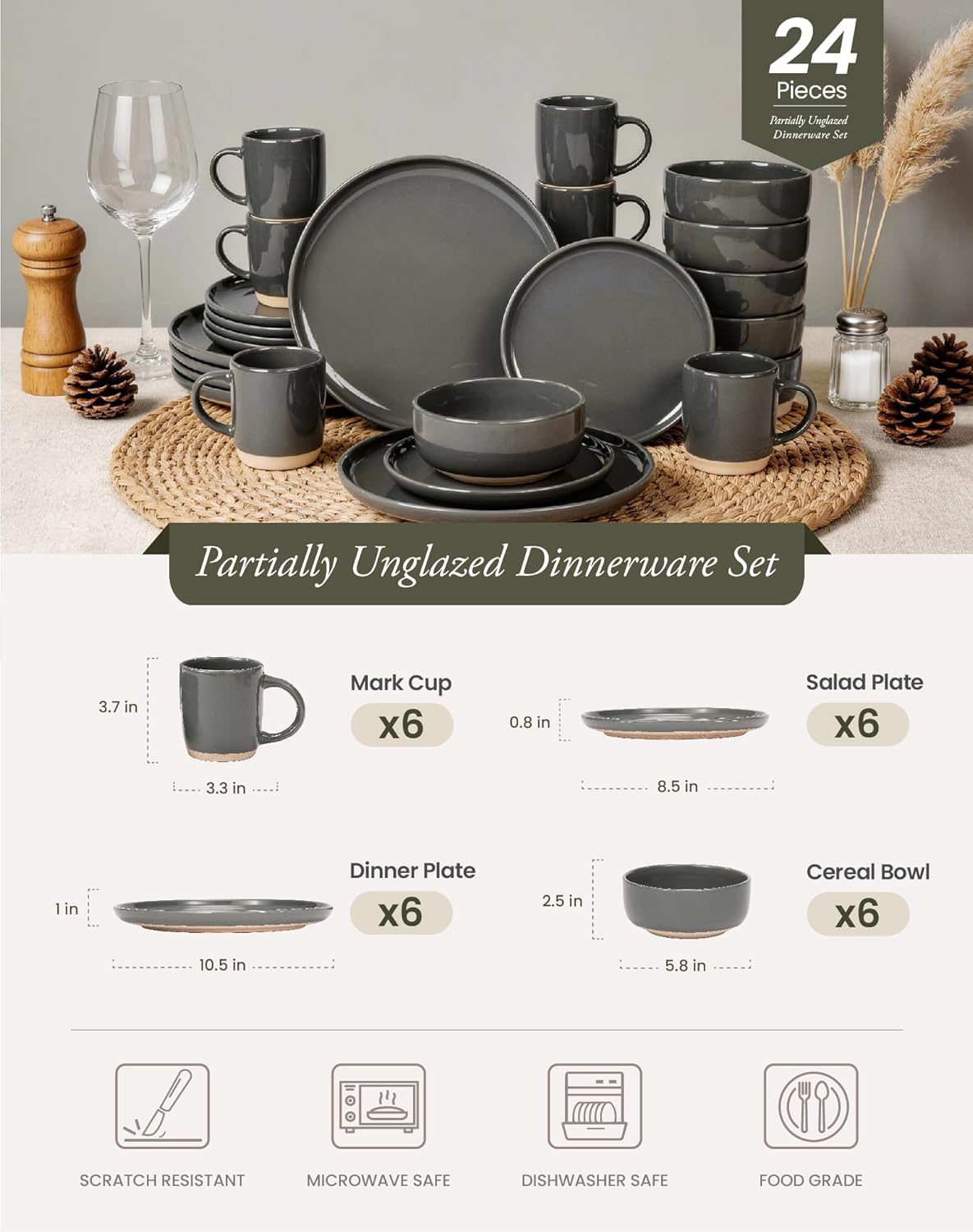 Set 24 Pzas Vajilla Cerámica Gris Resistente Arañazos
