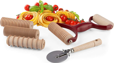 Juego de 7 herramientas para hacer pasta con mango, cortador, rodillo pequeño y 4 rodillos ranurados para spaghetti, fettucine, tagliatelle y pappardelle