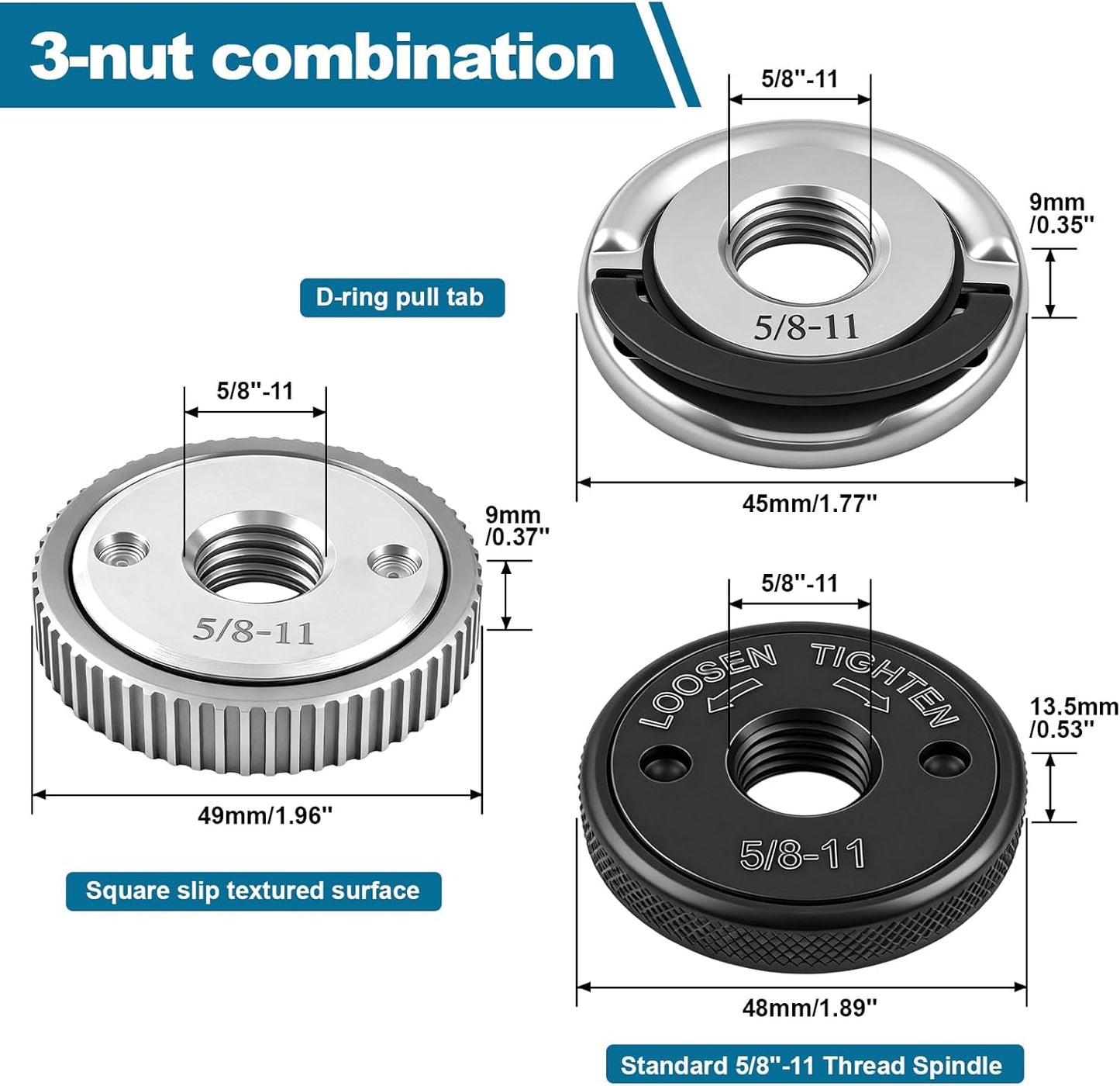 Kit tuercas brida amoladora 5/8"-11 paquete 3 bloqueo rápido