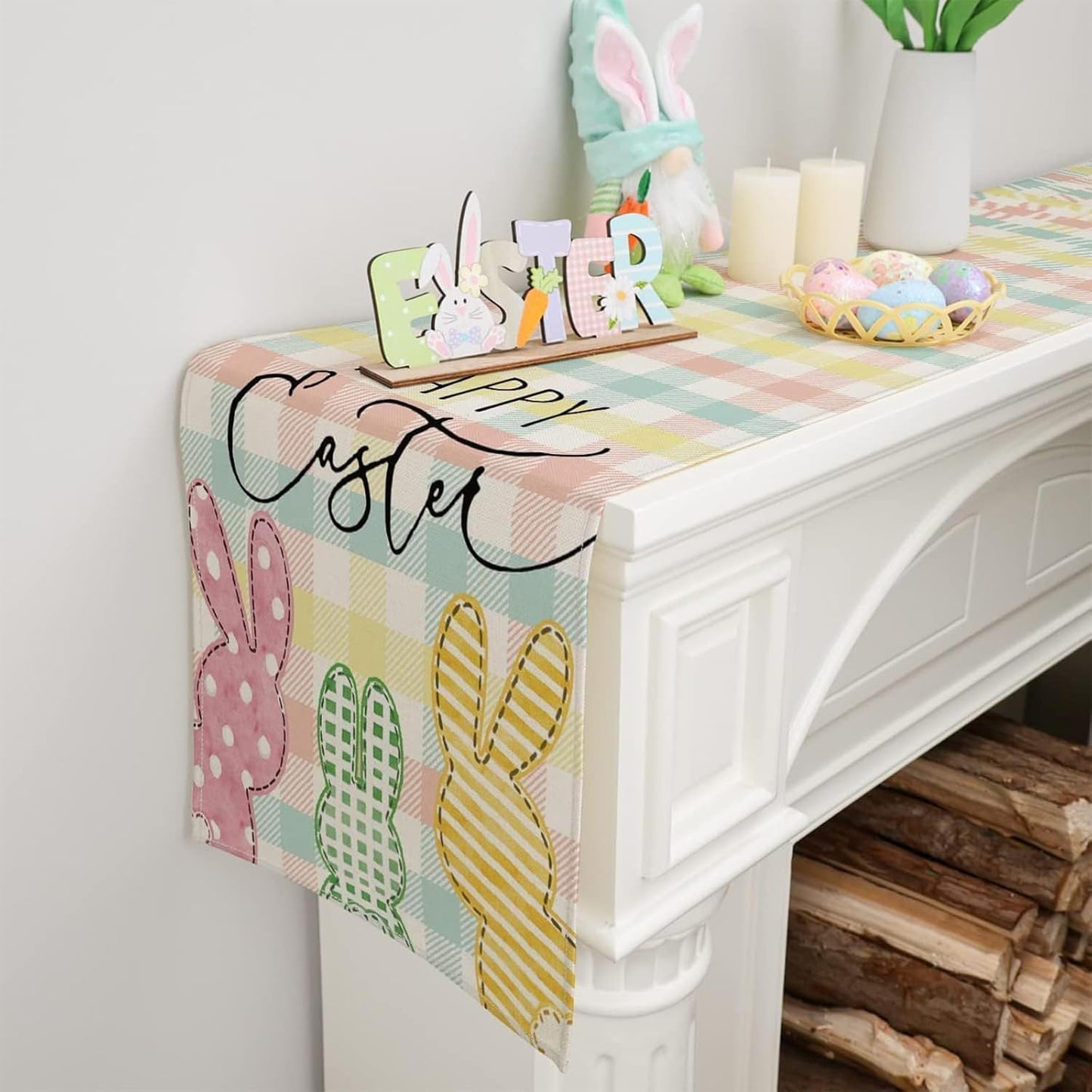 Camino mesa Pascua conejo a cuadros 13x72pulg decoración