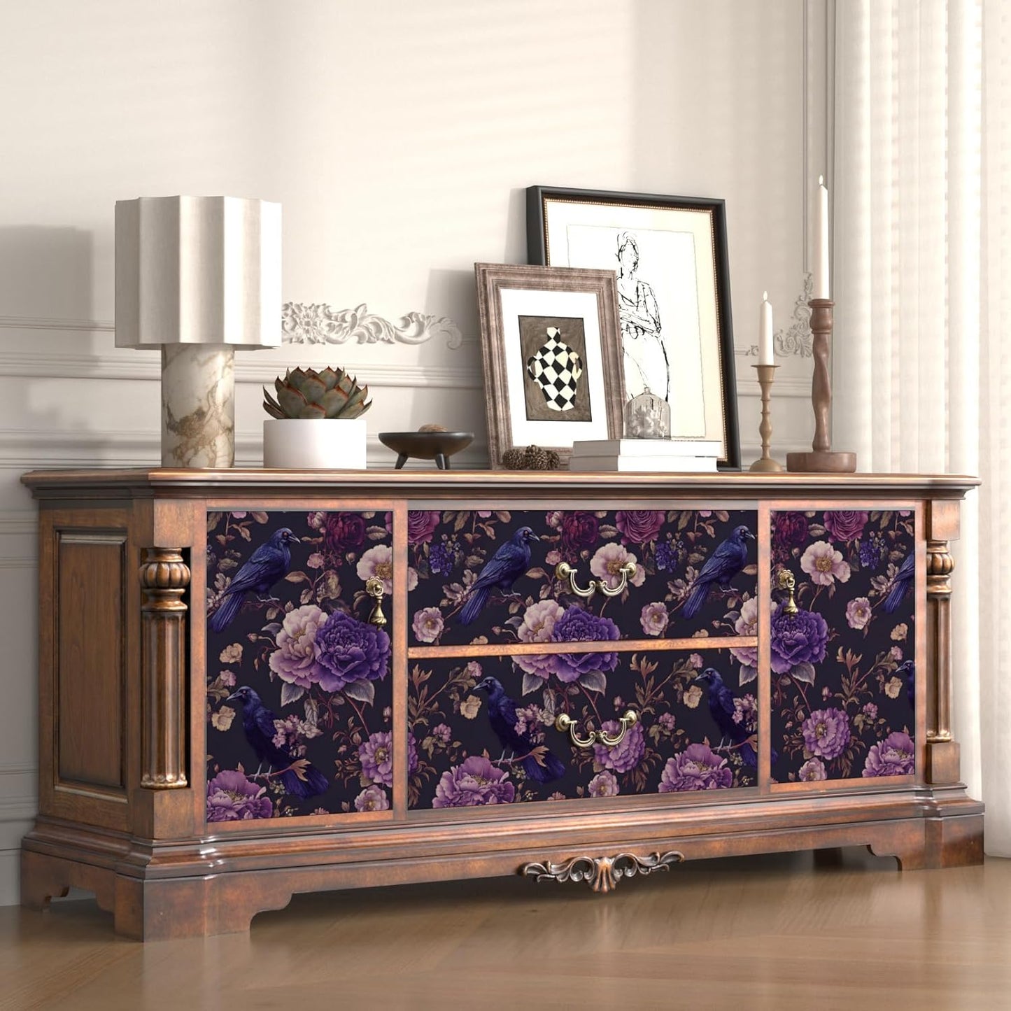 Papel tapiz cuervo oscuro floral 17.5x393pulg autoadhesivo