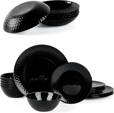 Set 18 Pzas Vajilla Cristal Ópalo Negro Apto Lavavajillas