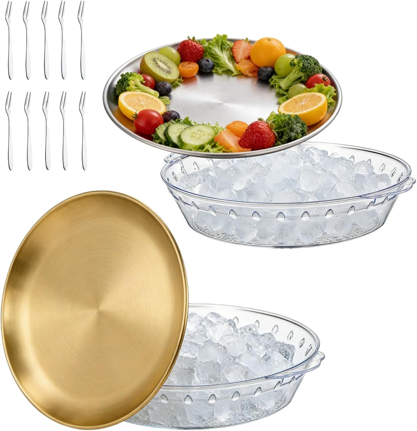 Paquete de 2 bandejas frías de 11.8 pulgadas platos redondos metal dorado plateado platos hielo plastico y tenedores
