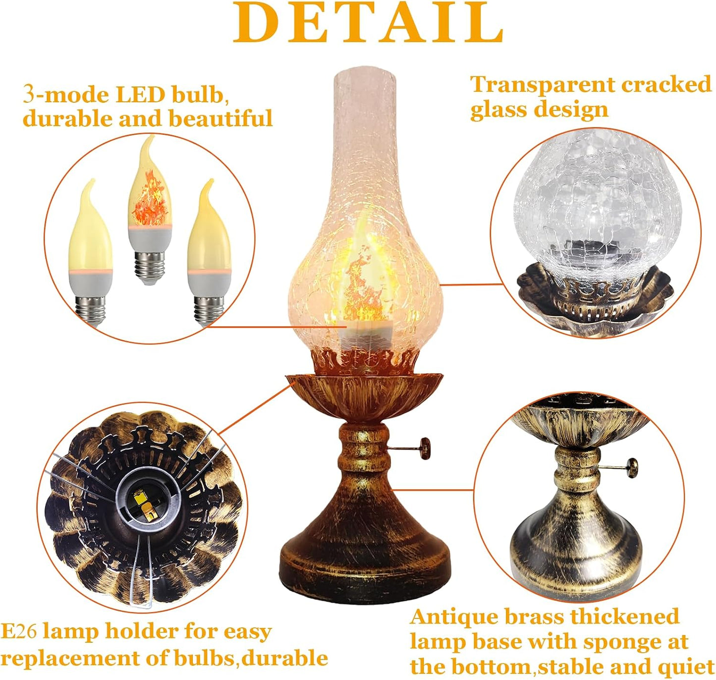 Lámpara mesa vintage 3 modos pantalla cristal agrietado